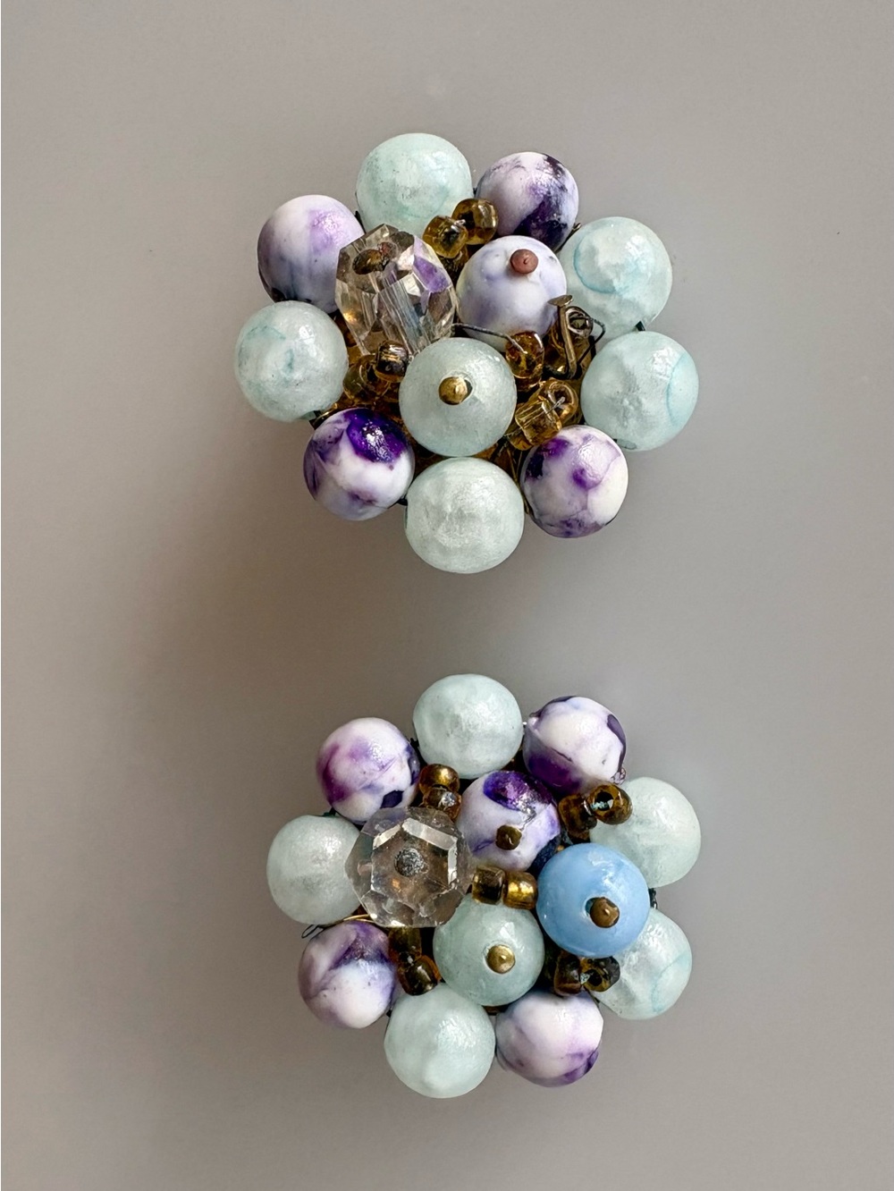 VTG Japan Signed Blue And purple Beaded Earrings Clip On Cluster